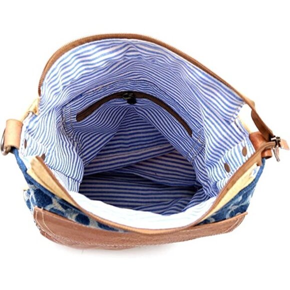 🆕 Royal Blue Hobo Leather Shoulder Bag Upcycled Cowhide Canvas Crossbody NWT - Picture 3 of 7